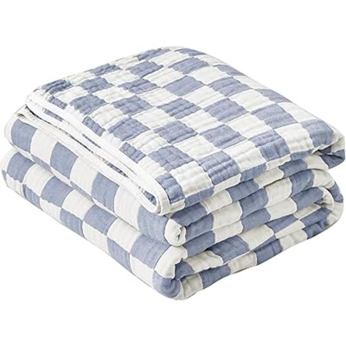 SANACYNA Muslin Blankets 100% Cotton 6-Layer Gauze Blue Checkerboard Cooling Blanket Lightweight Soft and Breathable Swaddle Blanket for Sofa Bed Coverlet Both Sides (Blue Checker, Baby 30"x40")