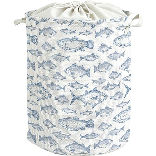 JQF Coastal Beach Fish Laundry Basket, Blue Beach Laundry Basket Hamper, Nautical Ocean Minimalist Fish Waterproof Storage Bin Toy Box Organizer for Bedroom Bathroom Clothes Toys