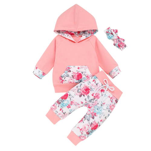 Odeerbi 3M-12M Infant Girls 3 Pieces Floral Hoodies Set Toddler Cotton Clothes Long Sleeve Hoodie Tops with Pocket Floral Pants Outfits Set with Headband Baby Clothes Pink