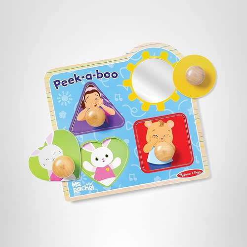 Melissa & Doug® Ms. Rachel™ Wooden Peek-a-Boo Jumbo Peg Puzzle, 4-Piece with Mirror, Toddler Toys for Boys and Girls Ages 1+ Years