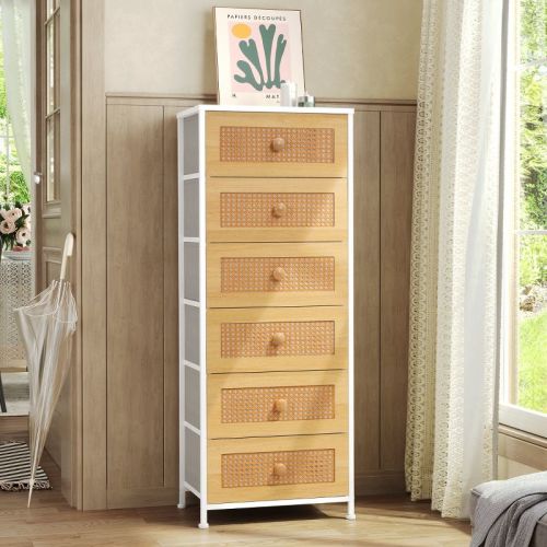 Crestlive Products Vertical Dresser for Bedroom Storage Tower with Sturdy Steel Frame Wood Top Easy Pull Fabric Bins