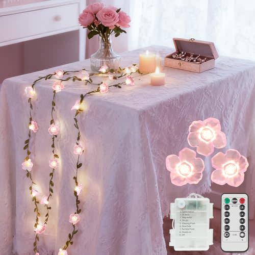 suddus Cherry Blossom Vine Lights Battery Powered,40 LED12.8 ft Flower String Lights with Leaves Remote Control,Decorative Pink Fairy Light for Bedroom, Holiday, Partry, Indoor