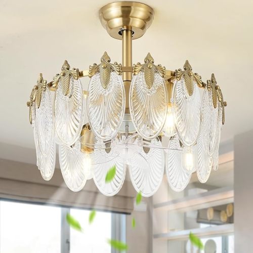 20 Inch Gold Crystal Fandelier Ceiling Fan with Light, Mid Century Gold Fandelier Ceiling Fans with Lights Remote Control, Caged with 6 Speeds for Bedroom, Nursery, Living Room(US-FS-SJ04)