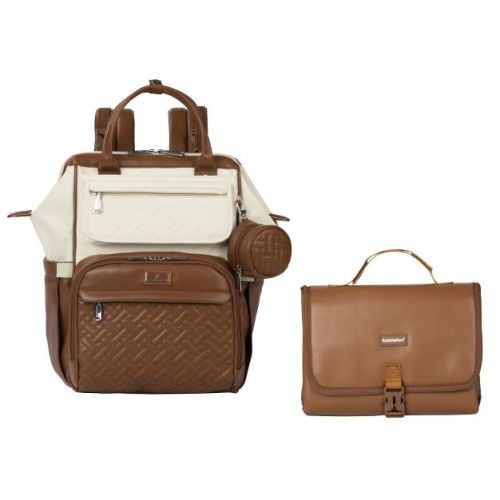 BabbleRoo Premium Vegan Leather Widetop Coffee Cream Diaper Bag Backpack & Natural Brown Vegan Leather Changing Pad