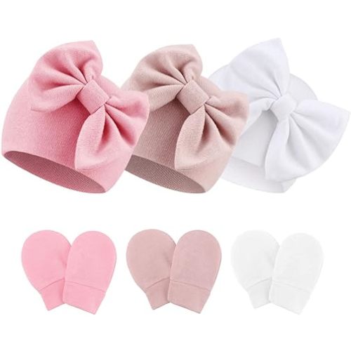 Newborn Baby Hats and Mittens Set Infant Bow Beanie Cap Toddler Gloves Newborn Hospital Hats for Baby Boy Girl 0-12 Months