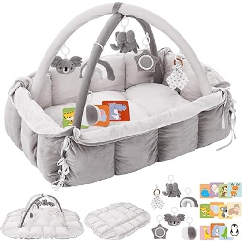 5-in-1 Plush Baby Play Gym, Baby Play Mats, Convertible Baby Gym, Tummy time mat, 6 Sensory Toys, Activity Center, Ball Pit, Rectangle Grey