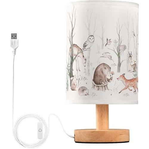YYZZH Woodland Animal Table Lamp with Wood Base and Fabric Shade for Bedside, Desk, Living Room, Bedroom, Kids Room, Office