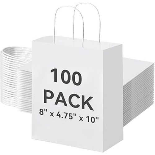 Brothersbox 100Pcs White Paper Gift Bags Medium Size 8x4.75x10 inch, Kraft Paper Bags with Handles Bulk for Shopping, Craft, Business, Retail, Party Favor, Takeout, Goodie, Grocery