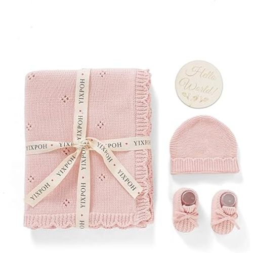 Organic Cotton Baby Blanket Knit Beanie Hat Booties Set