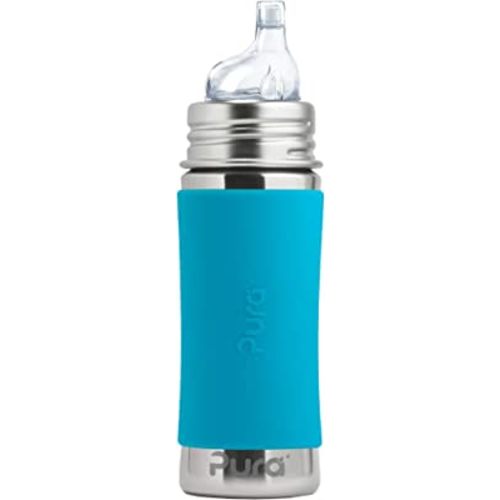 Pura Kiki 11oz/325ml Stainless Steel Sippy Cup Bottle w/Sleeve, Plastic-Free, MadeSafe Certified, Medical-Grade XL Silicone Sipper Spout Fast Flow Rate for Kids, Toddlers, Babies & Infant - Aqua