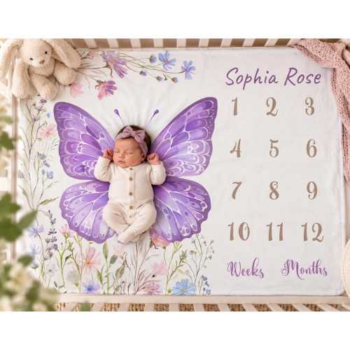 Butterfly Milestone Blanket, Custom Name Blanket, Baby Monthly Photo Prop, Purple Nursery Decor, Newborn Blanket Gift, Coming Home Blanket