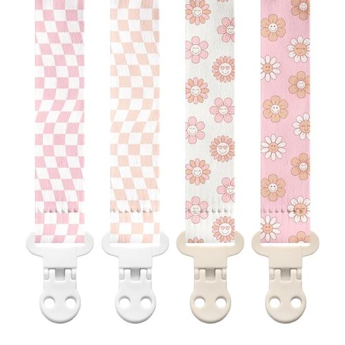 Stadela Baby Pacifier Clip Holder - Girl 4 Pack Gift Set – Retro Checker Smiley Flowers Floral Pink Beige Yellow