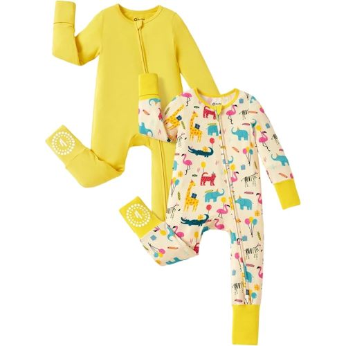 PATPAT Baby Footie Romper, Viscose from Bamboo, Long Sleeve, 2-Way Zipper, Fold-Over Mittens, Cuffs & Anti-Slip Grips