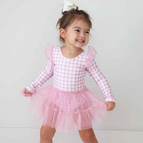 Caden Lane Long Sleeve Ruffle Skirt Leotard - Girly Gingham (2T)