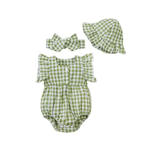 Renotemy Baby Girl Clothes Infant Summer Romper Cotton Linen Newborn Essentials Photography Preemie Outfits with Hat&Headband
