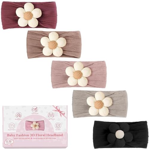 CÉLLOT 5 Pcs Baby Flower Headbands Baby Girls Nylon Headbands Soft Hairbands Hair Accessories for Newborn Infant Toddler Kids(Autumn/Winter Colors)