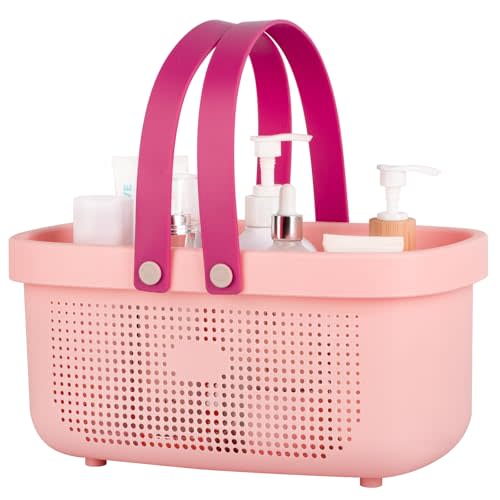 JiatuA Plastic Storage Basket with Handle Portable Shower Caddy Tote Organizer Basket Bin for Bathroom Kitchen Dorm Room Bedroom, Light Pink