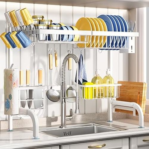 Over The Sink Dish Drying Rack, Adjustable (25.5 to 36.5 inch) 2 Tier Metal Steel Dish Drying Racks for Kitchen Counter with Hooks Paper Towel Utensil Cup Holder Sink Caddy (White)