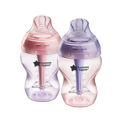 Tommee Tippee Advanced Anti-Colic BPA Free Baby Bottles, Slow Flow Breast-Like Nipple, 9oz, Newborn 0+ Months, Special Design Keeps Air Away from Milk and Baby, Pink and Purple, Pack of 2