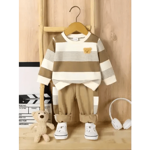 Baby Boys' Striped Bear Embroidered Long Sleeve Sweatshirt & Pants Set, Casual Fashion for Fall Winter Daily Wear Outdoor Play Party Gift - TikTok Shop
