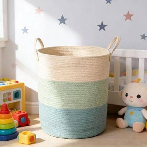 Laundry Basket,Woven Cotton Rope Laundry Hamper,60L for Decor Storage of Dirty Clothes,Toys and Blankets in Bathroom,Baby Room and Living Room (Green & White, 60L)