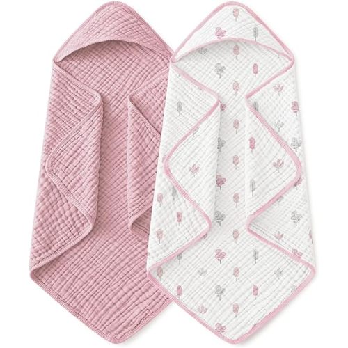 Yoofoss Hooded Baby Towels for Newborn 2 Pack 100% Muslin Organic Cotton Baby Bath Towel with Hood for Babies, Infant, Toddler and Kids,37.5"x37.5", Soft and Absorbent Newborn Essential,Pink&WhiteLeaf
