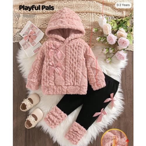 SHEIN Playful Pals 2pcs/Set Baby Girls Winter New Plush Wheat Ear Embroidered Long Sleeve Hooded Sweatshirt With Bow Decor & Slim Fit Pants With Furry Trim, Casual Cute Outfit | SHEIN USA