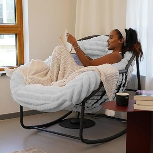 Outdoor Rocking Chair, Patio Wicker Egg Chair, Indoor Comfy Oversized Papasan Chair with Padded Cushion, Royal Rattan Rocker for Front Porch, Garden, Patio (Light Grey), Spring, 2026