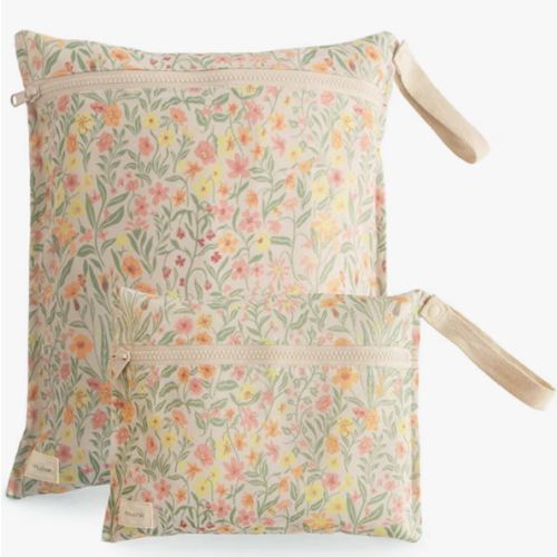 mushie Water Resistant Wet Bags | Large & Small Reusable Storage Bag for Baby Items and Travel | Zippered Pockets with Handle | Machine Washable, Set of 2 (Pastel Blooms)