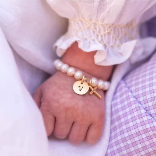 Real Pearl Bracelet w/ Gold Initial & Cross Charm for Baby or Girl, Personalized Baptism Christening 1st Communion Confirmation Jewelry Gift