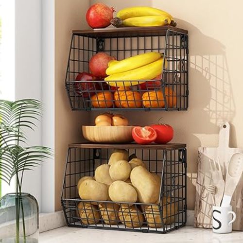 Mefirt 2pcs Fruit Basket Kitchen Storage Basket with Wood Lid