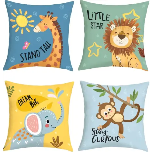 Cartoon Animals Throw Pillow Covers 18x18 Inch Set of 4 Baby Elephant Giraffe Lion Monkey Cushion Pillow Case Nursery Home Decor for Kids Toddlers Teens