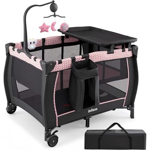 INFANS 3 in 1 Pack and Play, Portable Travel Baby Bassinet with Detachable Mattress, Changing Table, Foldable Playpen with Carry Bag, 2 Wheels (Pink Stripes)