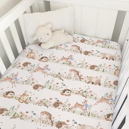 Pastel Animals Bows Floral Mushroom Baby Crib Sheets for Boy Girl Cute Bear Deer Bunny Hedgehog Soft Snug Fitted Crib Mattress Covers for 52''x28'' Standard Crib & Toddler Mattress Nursery Bed Sheets