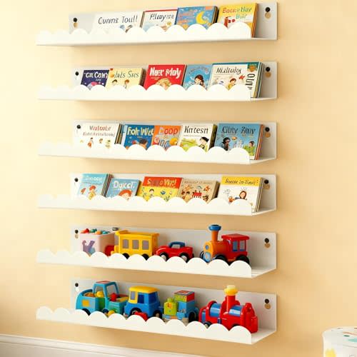 Nursery Book Shelves Set of 6, 16 Inch White Floating Shelves for Wall | Metal Scalloped Book Shelf for Kids Room, Bathroom, Bedroom, Playroom Wall Decor & Storage