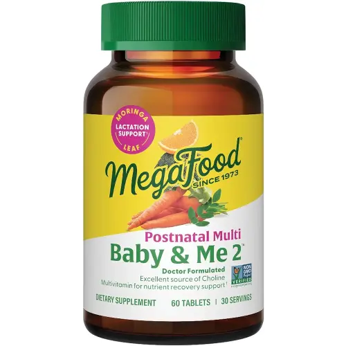 MegaFood Baby & Me 2 Postnatal Vitamins for Women Breastfeeding with Folate (Folic Acid Natural Form), Choline, Iodine, Vitamin D, Moringa Leaf and More - 60 Tabs (30 Servings)
