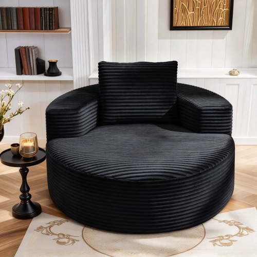 37" Circle Cloud Chair with Pillow, Boneless Sofa Chair Flannel Fabric Modern Accent Chair for Reading Nook, Bedroom, No-Assembly (Black)
