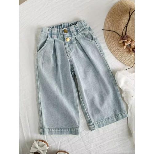 SHEIN Vintaside Kids Baby Girls' Vintage Washed Light Blue Loose Fit Wide Leg Jeans,Pleated Waistband Fashionable Casual Summer Vacation Back-To-School Daily Wear Denim | SHEIN USA