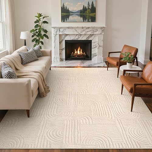 GENIMO Soft Washable Area Rugs 8x10, 3D Modern Arch Pattern Living Room Rug, High-Low Pile Textured Non Slip Fuzzy Carpet, Non-Shedding Stain Resistant Beige Rugs for Bedroom, Dining Room, Nursery