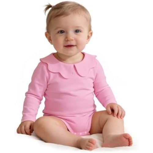 LYSMuch 0-24Mo Baby Girls Peter Pan Collar Bodysuit Toddler Ruffle Romper Short Sleeve Solid Color Clothes