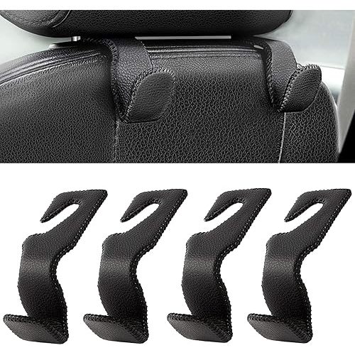 AMVOYOA Headrest Hooks for Car, Back Seat Organizer Black Leather Hanger Holder Hook, for Hanging Purses and Bags and Coats, Pack of 4