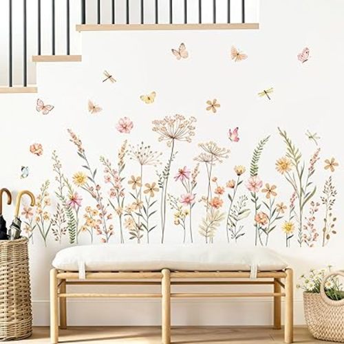 Boho Flower Wall Decals Bohemia Wildflower Grass Wall Stickers Peel and Stick Vinyl Decor for Girls Bedroom Living Room Office TV Sofa Backdrop Home Decor Gifts for Mom