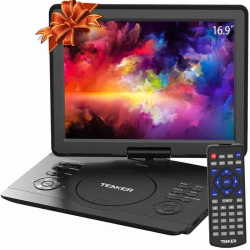 16.9" Portable DVD Player with 5-Hour Rechargeable Battery, 14.1" HD Swivel Display Screen, Support CD/DVD/SD Card/USB, Car Charger, Last Memory, Good Travel Companion, Best Gift for Kids, Black