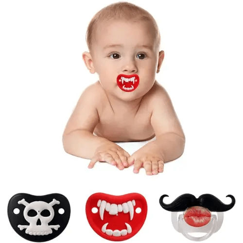 Funny Baby Pacifier, Cute Mustache Binkies, Vampire Binky Skulls Halloween Pacifiers for Babies 0-36 Months, Silicone Nipple, BPA-Free, Gift for Infants Newborn