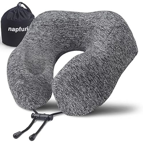 napfun Neck Pillow for Traveling, Upgraded Travel Neck Pillow for Airplane 100% Pure Memory Foam Travel Pillow for Flight Headrest Sleep, Portable Plane Accessories, Full Grey