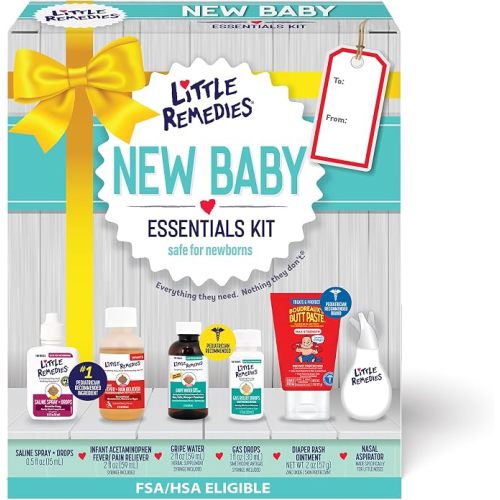 Little Remedies New Baby Essentials Kit with Saline Nasal Spray, Diaper Rash Cream, Gas Relief Drops, Gripe Water & More, Safe for Newborns, Multi-Color