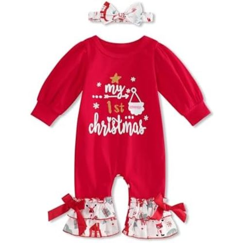 My First Christmas Baby Girl Outfit - Infant Christmas Romper Cute Lantern Sleeve Jumpsuit