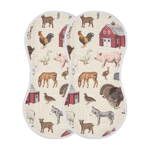 Mazeann Vintage Farm Animals Burp Cloths Baby Boys Girls Absorbent Soft Cotton Burping Cloths Rags 2 Pack