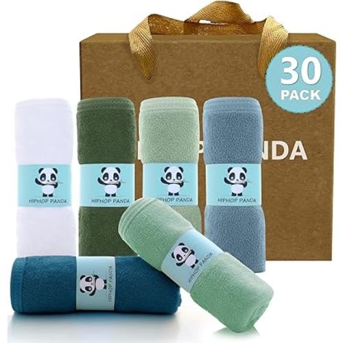 HIPHOP PANDA Baby Washcloths, Rayon Made from Bamboo - 2 Layer Ultra Soft Absorbent Newborn Bath Face Towel - Reusable Baby Wipes for Delicate Skin - Sage and Teal, 30 Pack