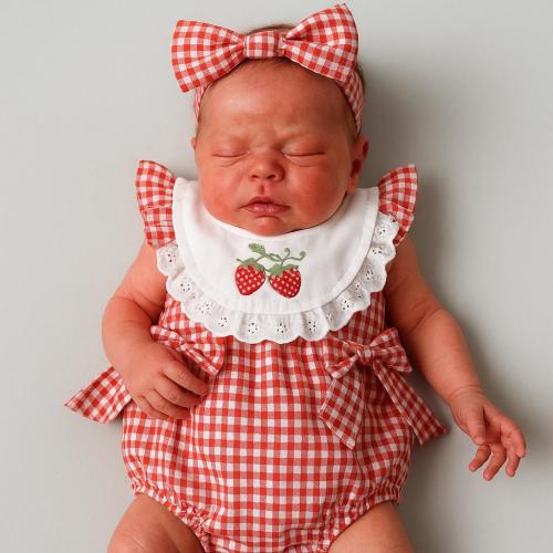 Strawberry embroidered Baby Romper with Lace Collar, Bow Sleeve One-Piece Outfit